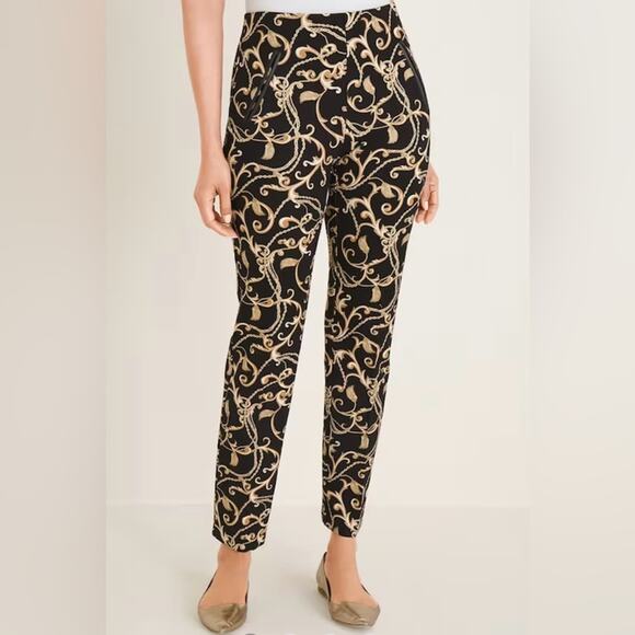 VERSACE INSPIRED TRUTH BY REPUBLICAN ANKLE PANT PAISLEY PRINT BLK AND GOLD SZ XS - Picture 2 of 12